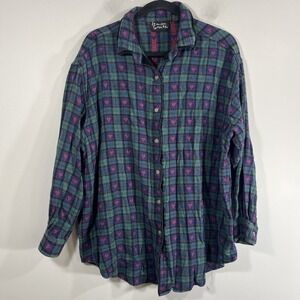 VTG Lemon Grass Women's‎ 2X Shirt Blue Green Pink Heart Plaid Button Up